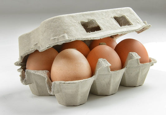 Six brown eggs in a carton