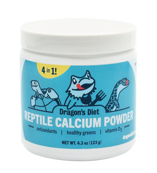 A container of Dragon's Diet reptile calcium powder with illustrations of a bearded dragon, turtle, and geckoon the label.