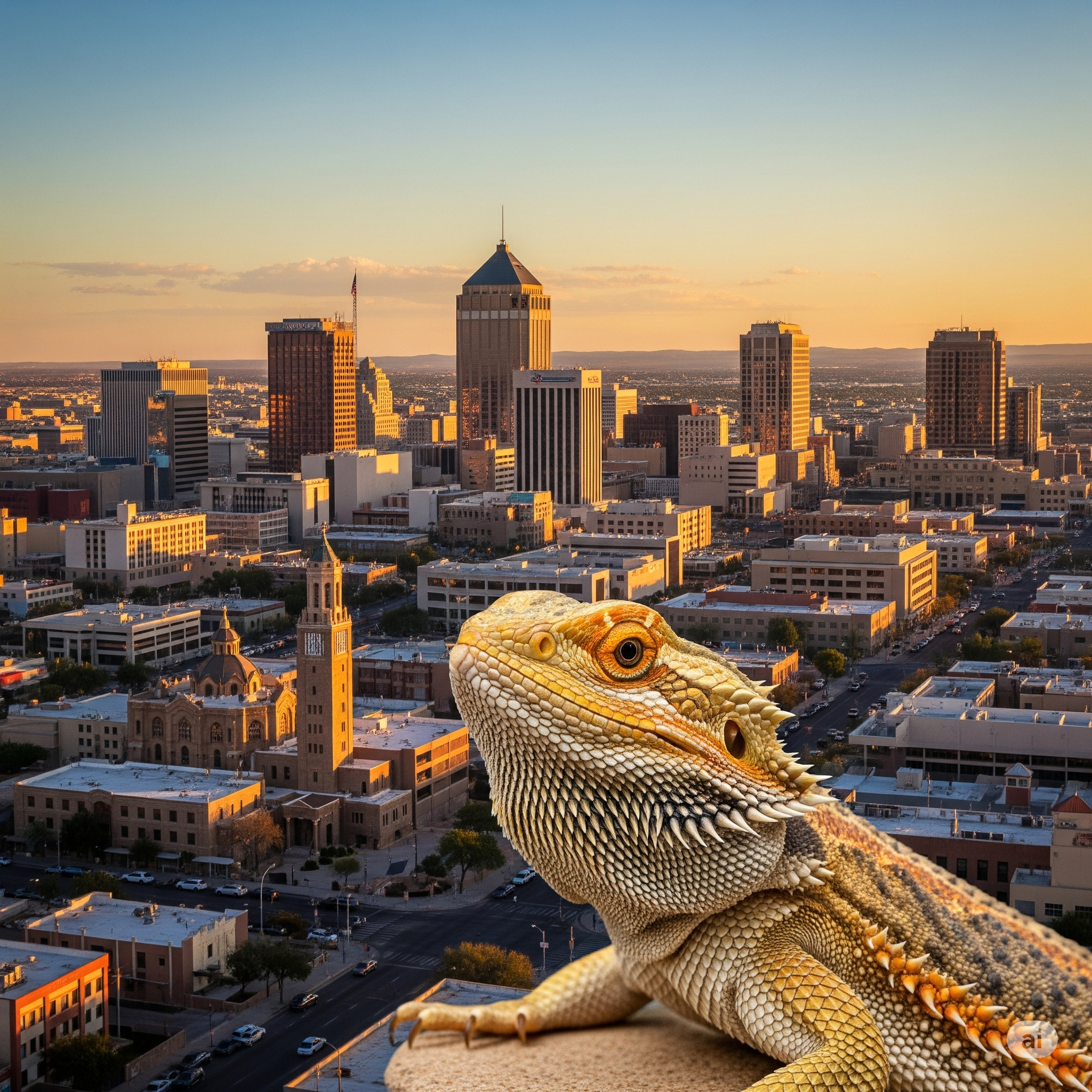 Bearded dragon on a rooftop with a city skyline in the background during sunset.