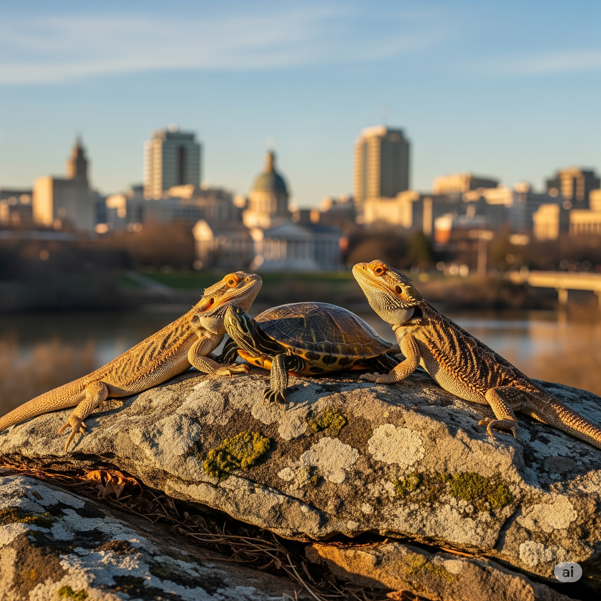 Three lizards on a rock with columbia, sc city skyline in the background
