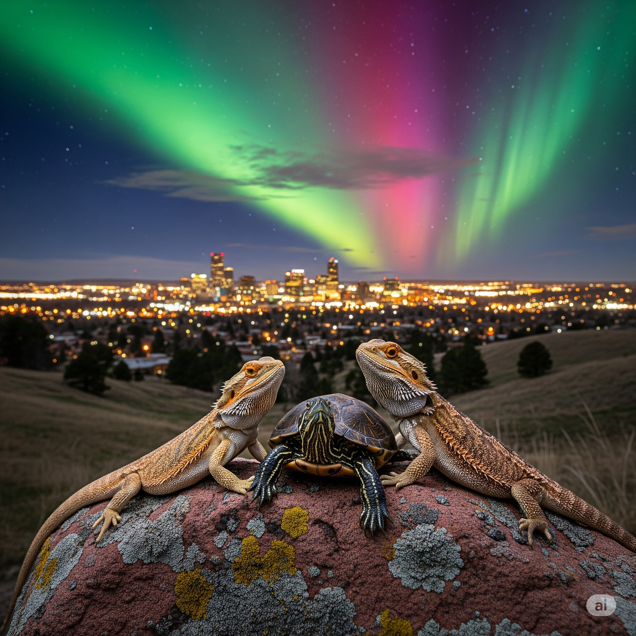 Two bearded dragons and a turtle on a rock with the Aurora Borealis over aurora, co city skyline.