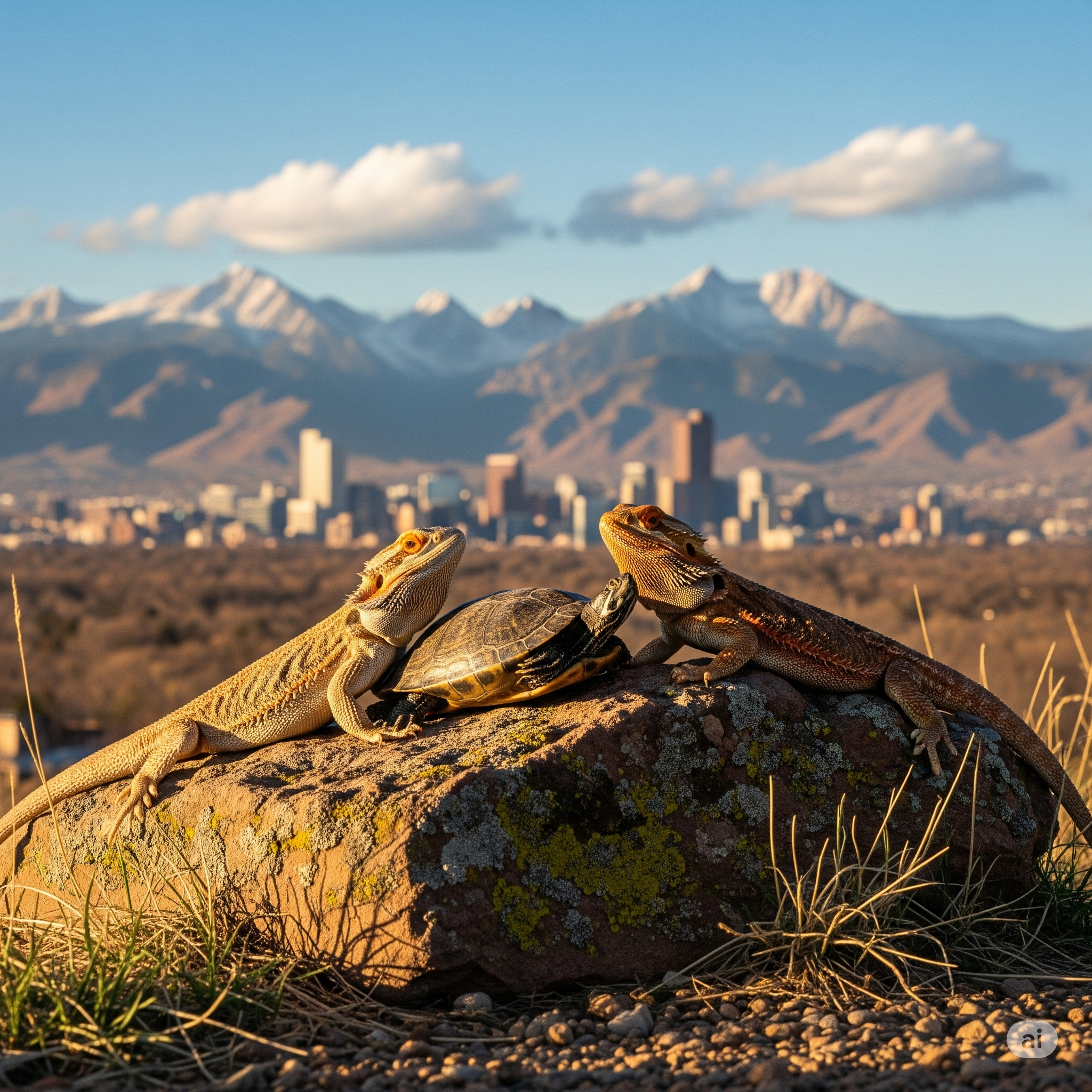 Two lizards and a turtle on a rock with mountains and Denver, CO City skyline in the background