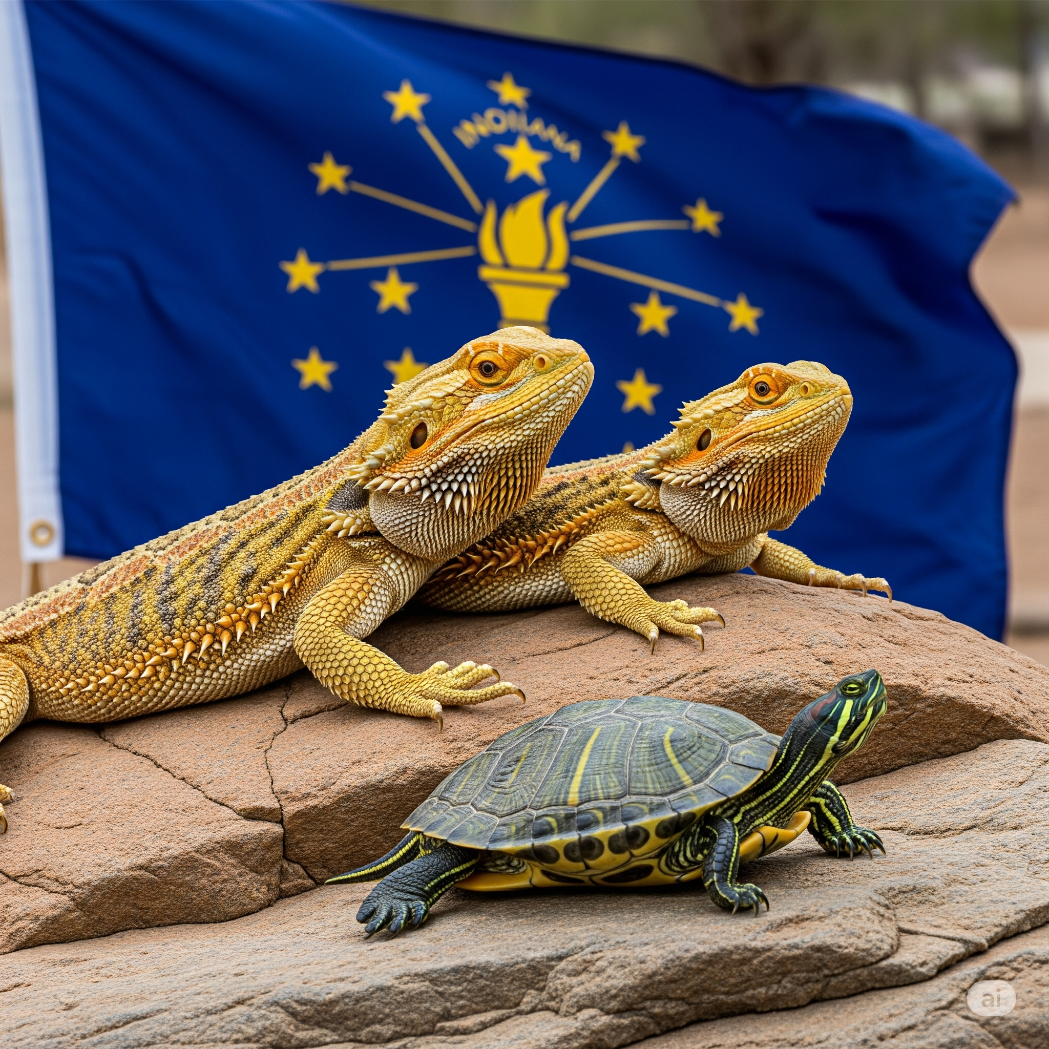 Two lizards and a turtle on rocks with an Indiana flag in the background