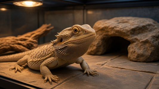 Adult bearded dragon resting on natural slate tile flooring in a dry, front-opening reptile enclosure