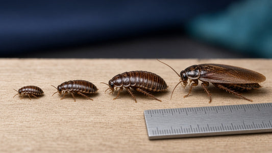 Dubia roach size chart showing Small 3/8 inch, Medium 3/8 to 1/2 inch, Large 3/4 inch and Adult Male roaches next to a ruler