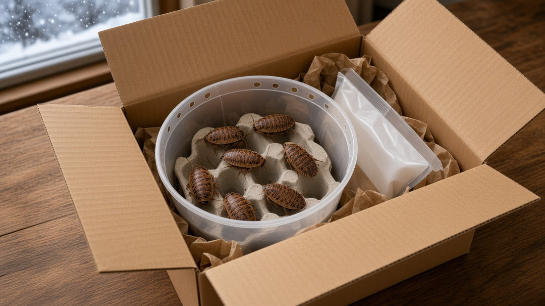 Open shipping box packed for cold weather with a container of Dubia roaches and an air-activated heat pack