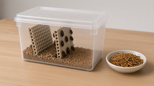 Clear ventilated container of live Dubia roaches on egg crate next to a small dish of freeze-dried mealworms