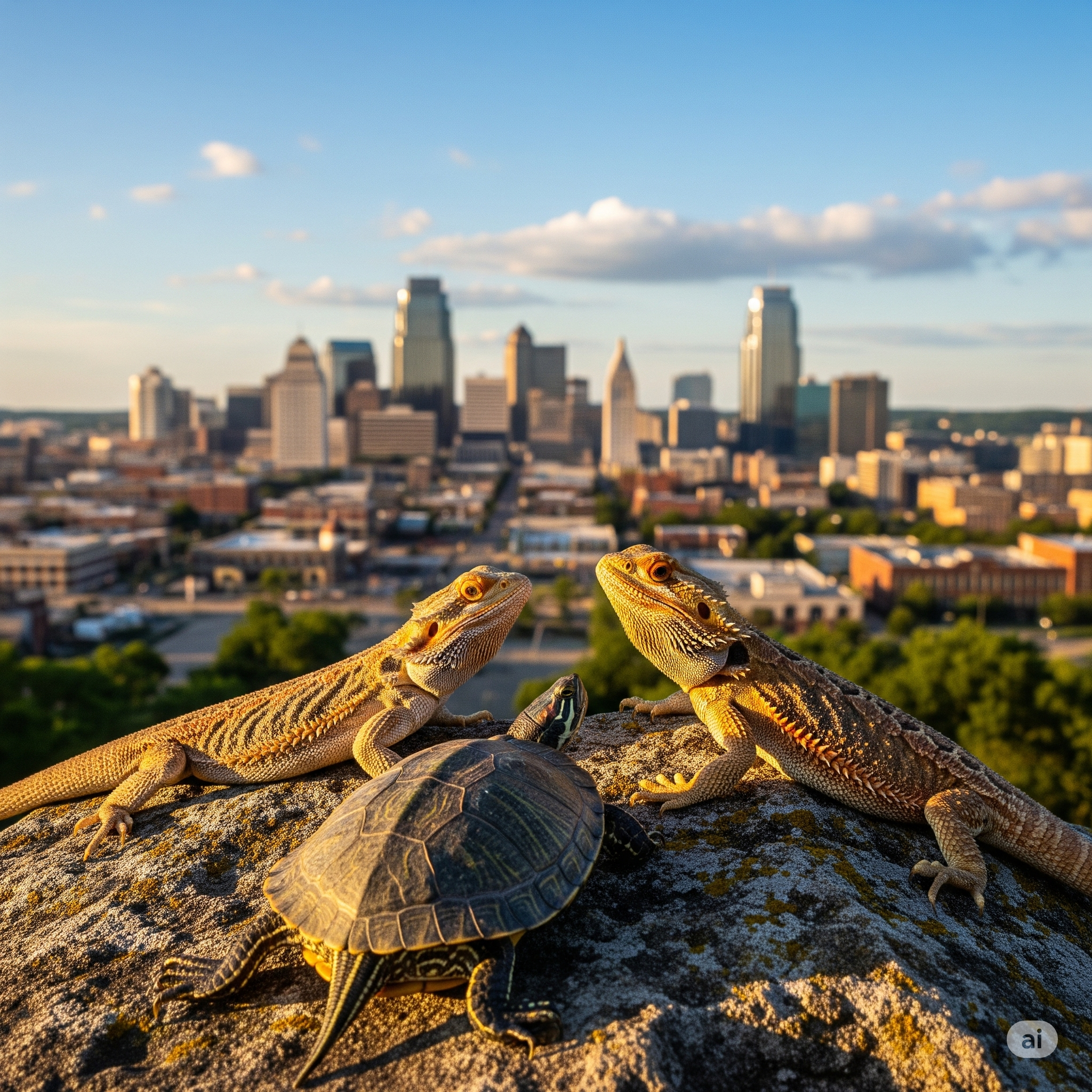 Two lizards and a turtle on a rock with kansas city skyline in the background