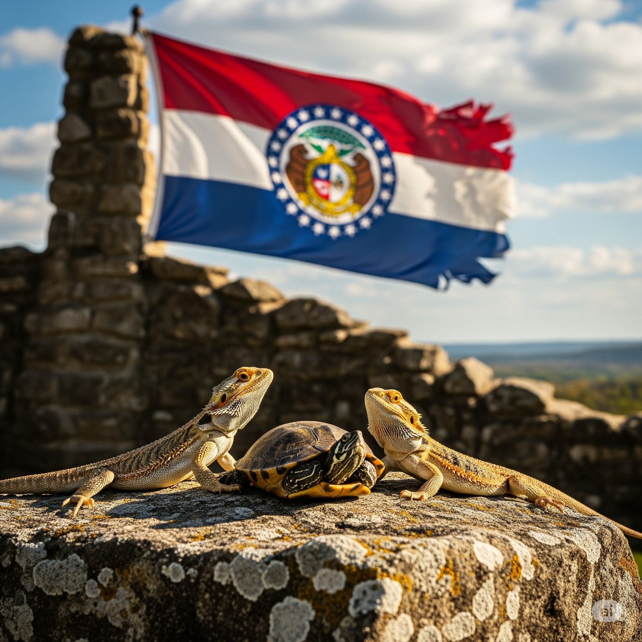 Two lizards and a turtle on a rock with the Missouri flag waving in the background.