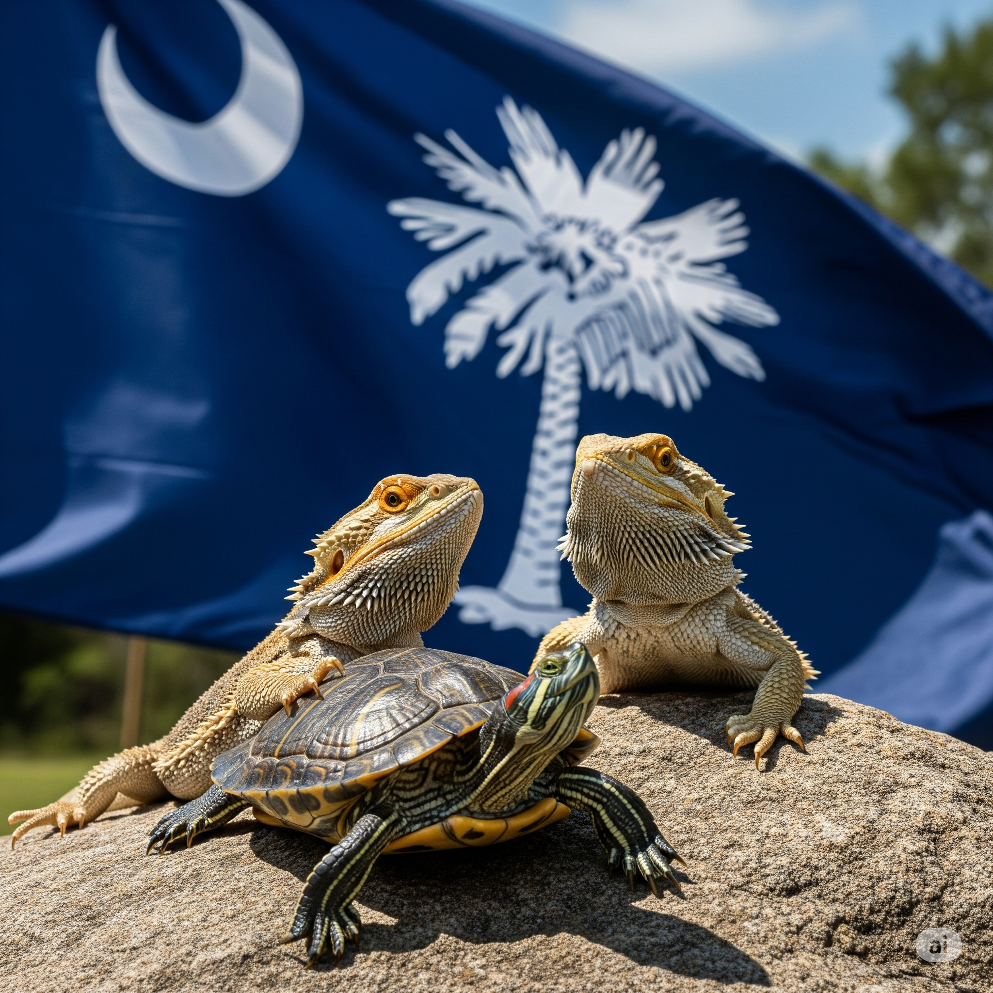 Two lizards on a turtle with a South Carolina flag in the background