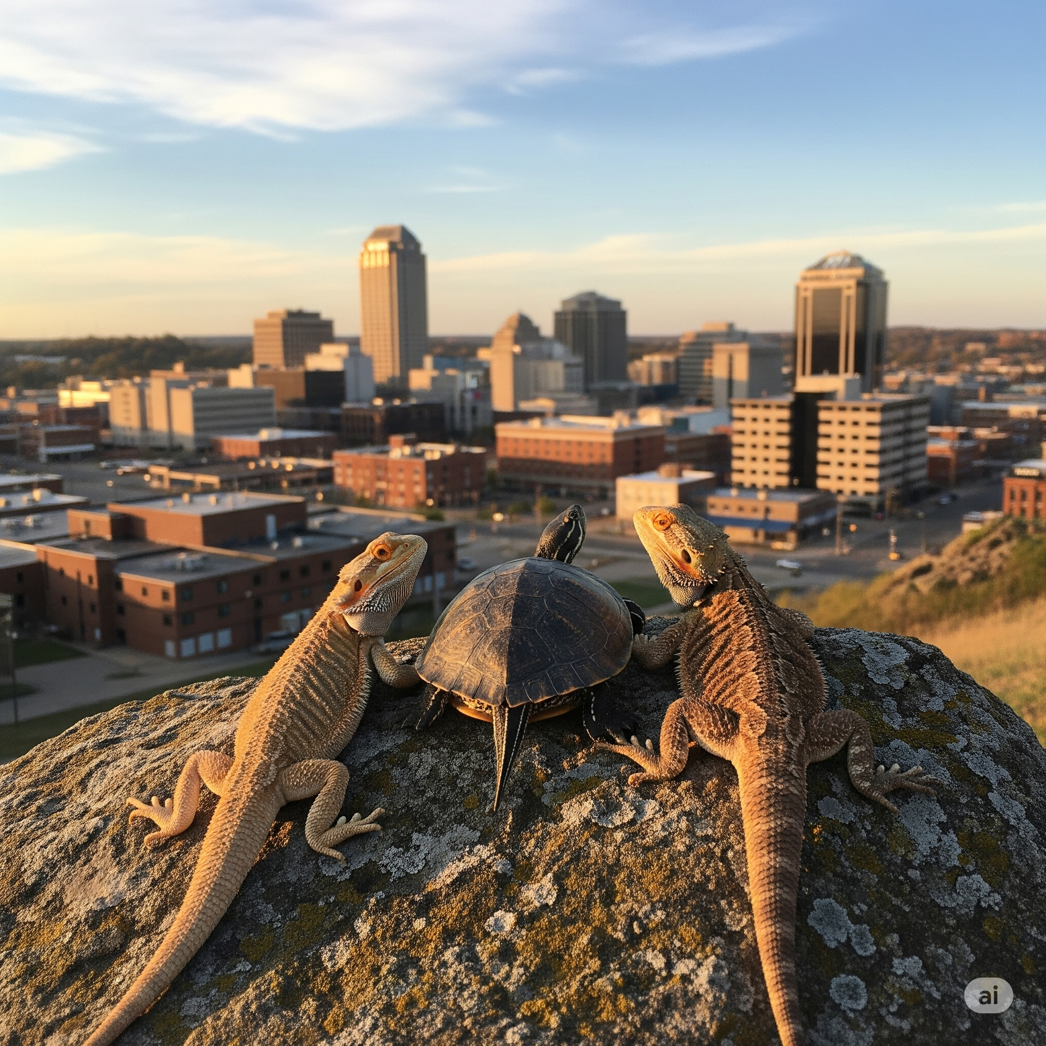 Two lizards and a turtle on a rock with a city skyline in the background