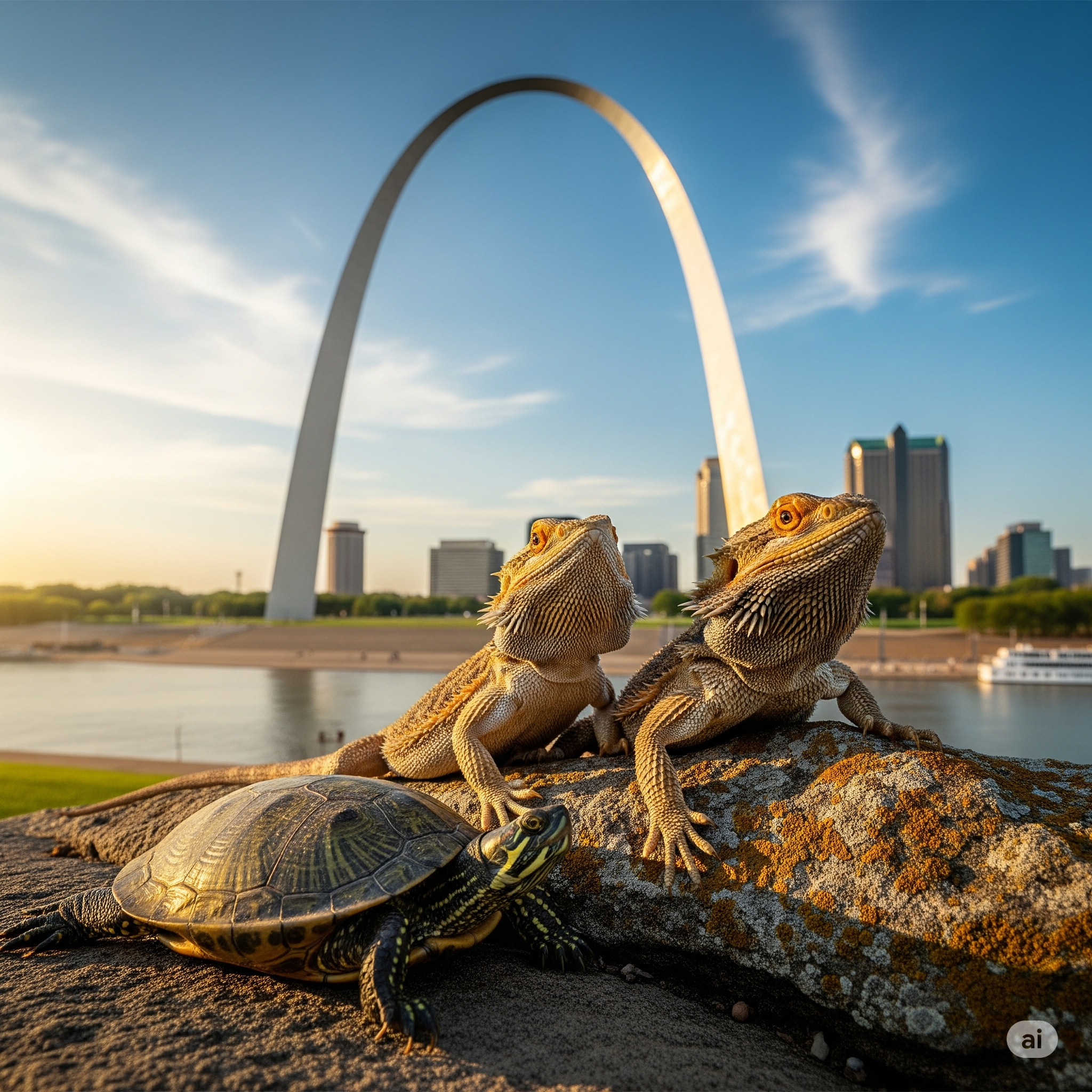 Two lizards and a turtle on a rock with the Gateway Arch in the background